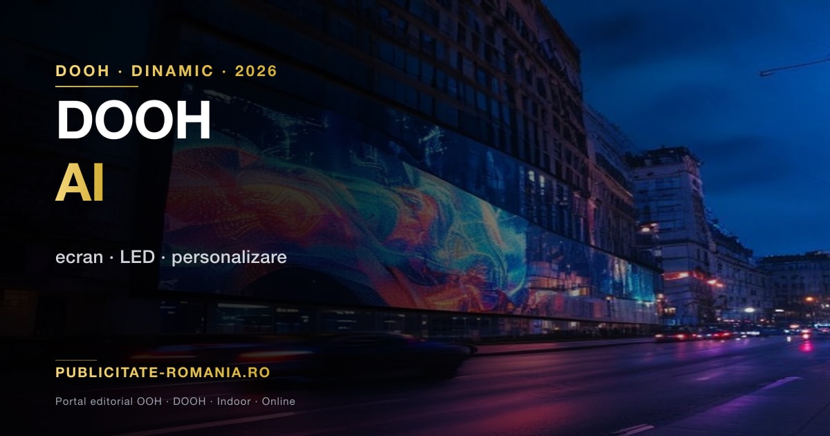 Ecran DOOH digital in centrul orasului — selectie automata a variantei de continut in functie de ora, conditiile meteo si profilul estimat al audientei