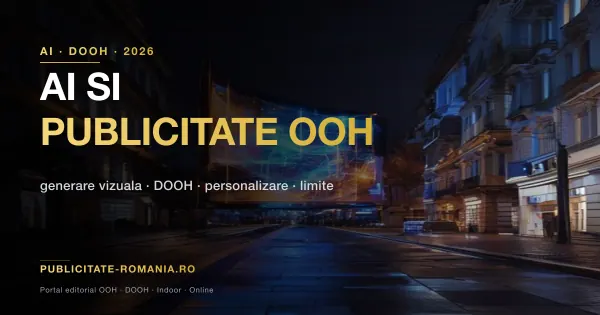 Ecran digital DOOH cu vizualizare AI in centrul unui oras, contrast albastru-auriu cinematic