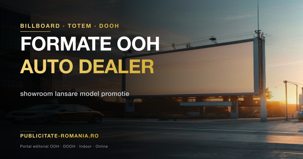 Billboard 8x4 metri amplasat pe artera urbana langa un showroom auto — formatul clasic pentru atragerea traficului fizic catre dealer