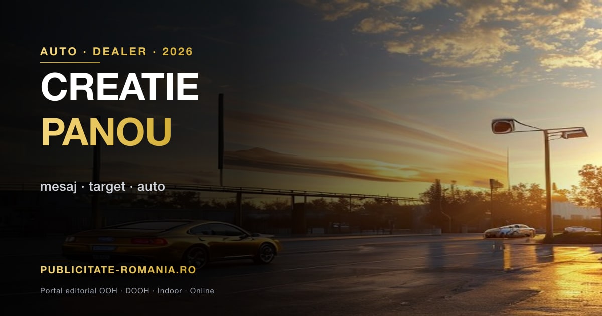 Compozitie minimalista pentru creatie OOH dealer auto — imagine clara a unui model, contrast puternic si mesaj concis de maximum 7 cuvinte