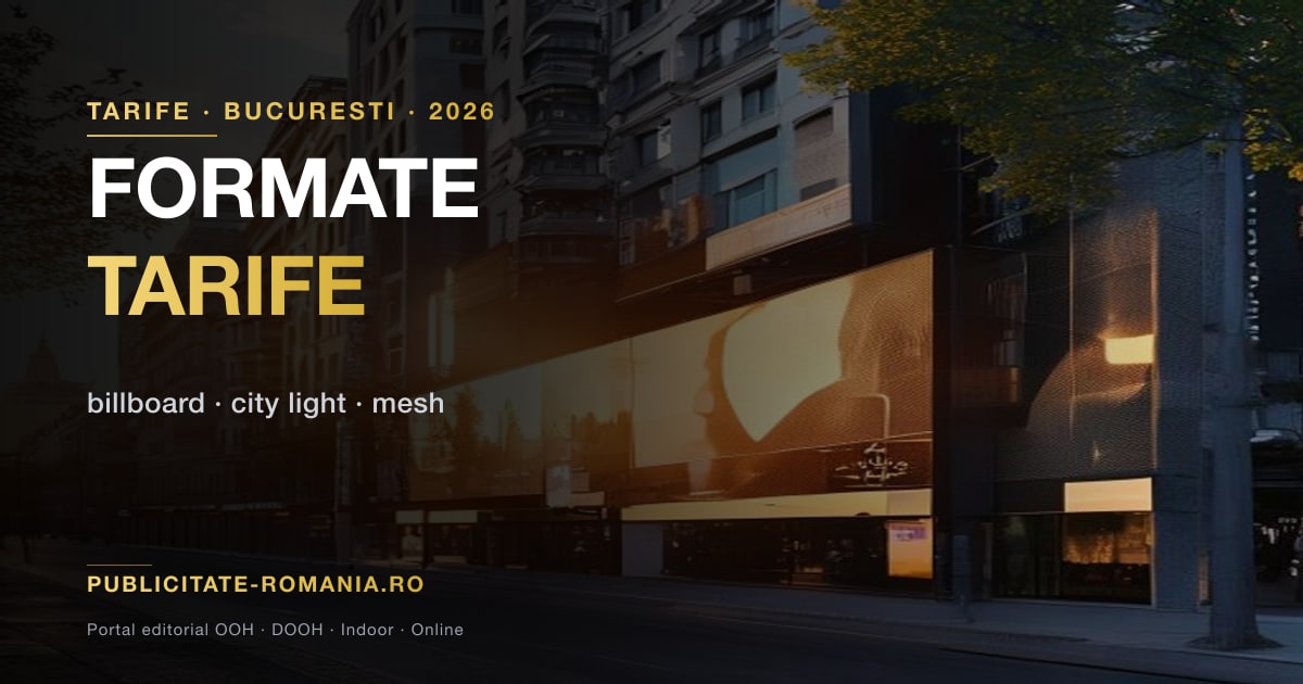 Comparatie vizuala intre formate OOH disponibile in Romania — city light, billboard standard, billboard large, mesh, triface si ecran DOOH