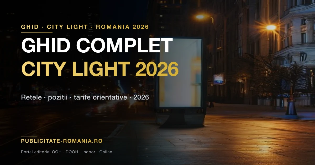 Caseta city light iluminata pe un stalp stradal intr-un oras din Romania noaptea