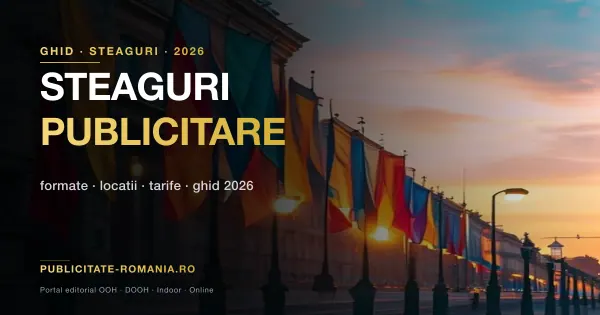 Retea de steaguri publicitare pe stalpii de iluminat de pe un bulevard din Bucuresti la apus — format 2m × 0,8m