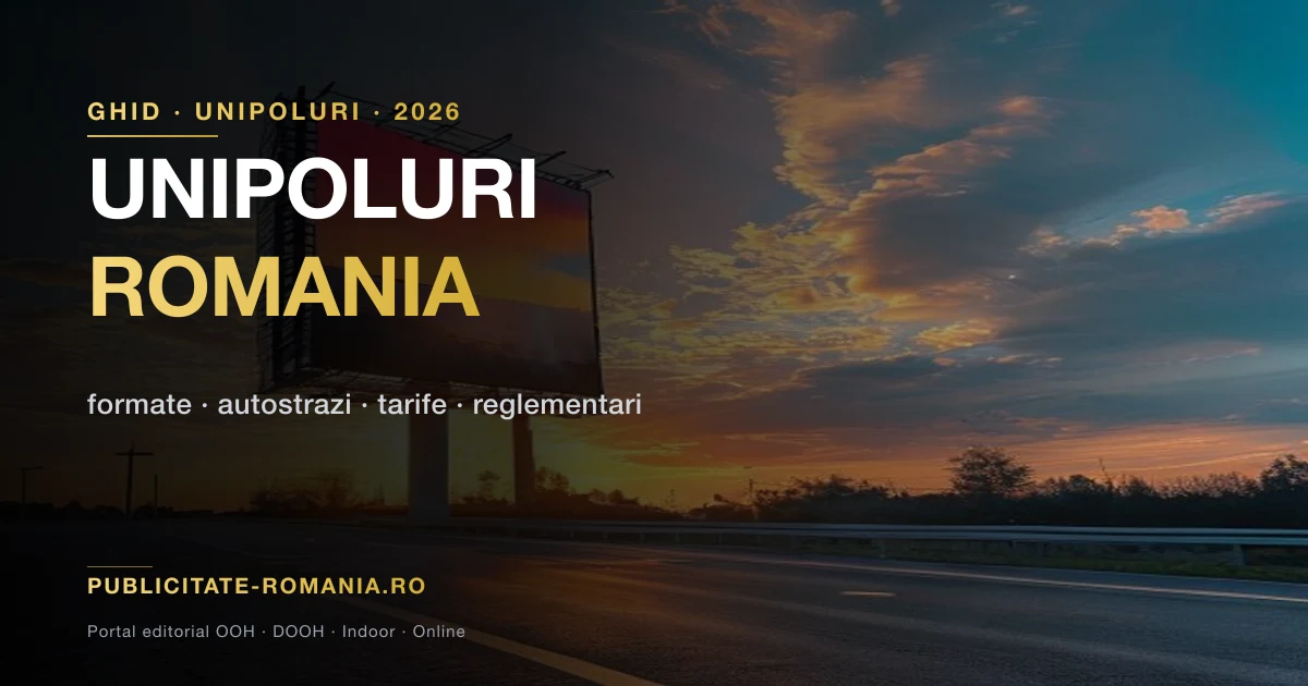 Unipol publicitar pe autostrada din Romania la apus — structura metalica inalta cu panou bilateral