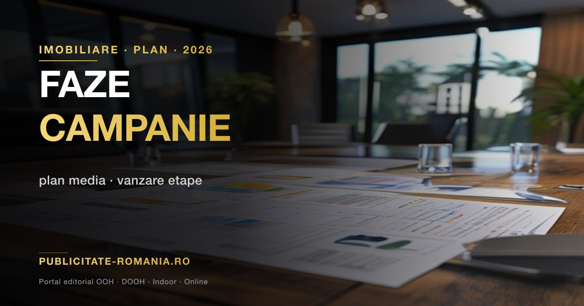 Calendar campanie publicitate outdoor pentru proiect imobiliar — fazele pre-lansare, lansare si vanzare activa cu durate de 30-60 zile per etapa
