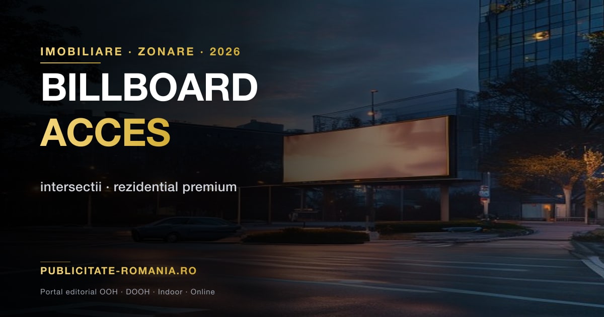 Billboard publicitar amplasat pe artera de acces catre zona unui proiect imobiliar — pozitionare strategica pentru interceptarea audientei de cumparatori in tranzit