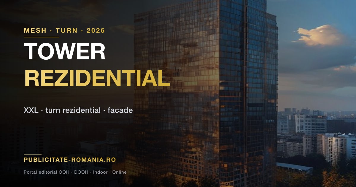 Mesh publicitar de mari dimensiuni montat pe fatada unui bloc turn rezidential — suprafata utila de cateva sute de metri patrati vizibila in context metropolitan