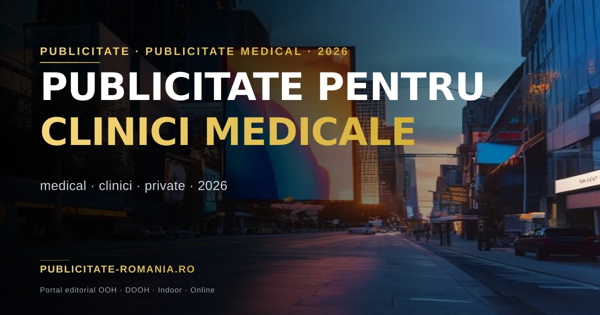 Panou publicitar pentru o clinica medicala privata pe o strada urbana din Romania