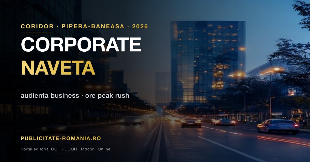 Coridor corporate Pipera-Baneasa Bucuresti seara cu cladiri de birouri si trafic auto in ora de varf — zona tipica pentru retele de steaguri publicitare stradale