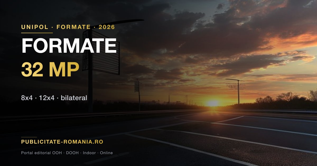 Panou publicitar de mari dimensiuni pe stalp metalic — formatele 8x4 si 12x4 m ofera 32-48 mp suprafata utila, calibrate pentru distantele de lectura mari