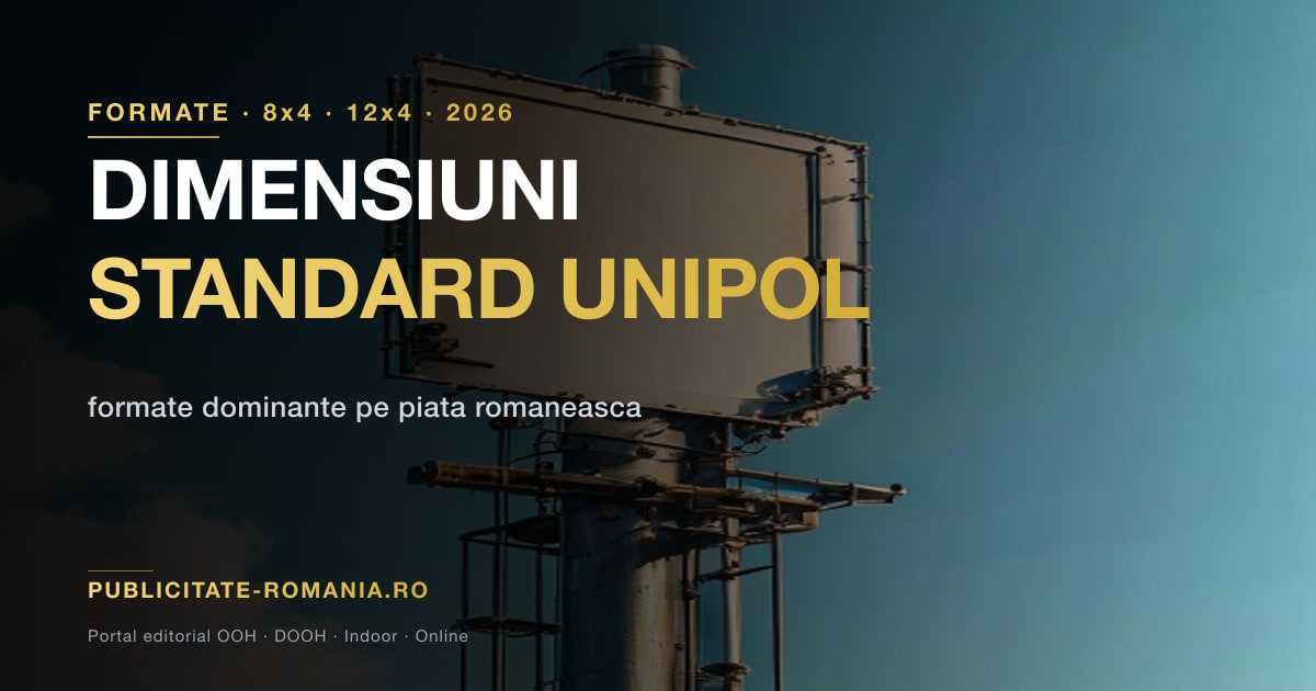 Panou de unipol 12x4 metri montat pe stalp metalic — detaliu tehnic al structurii portante si al brida-jului de fixare a bannerului